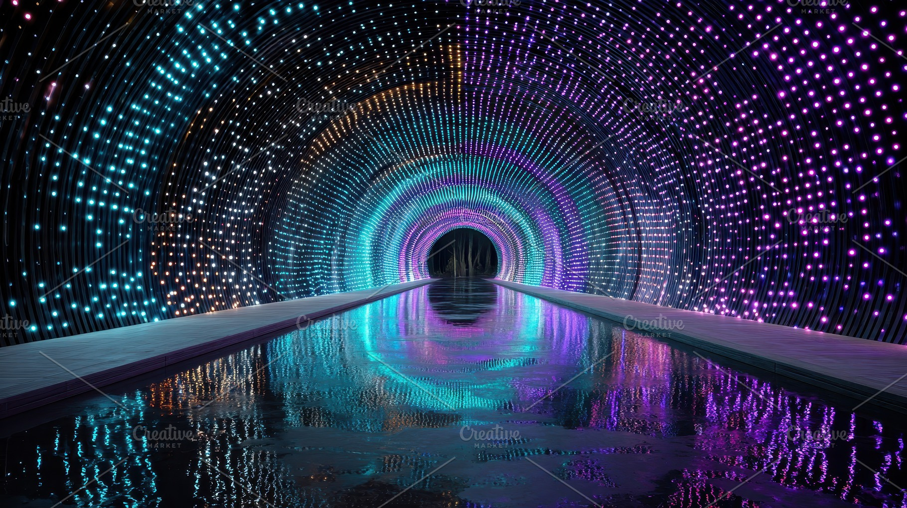 Illuminated Tunnel Water Reflection, an Abstract Photo by Pixeness Studio