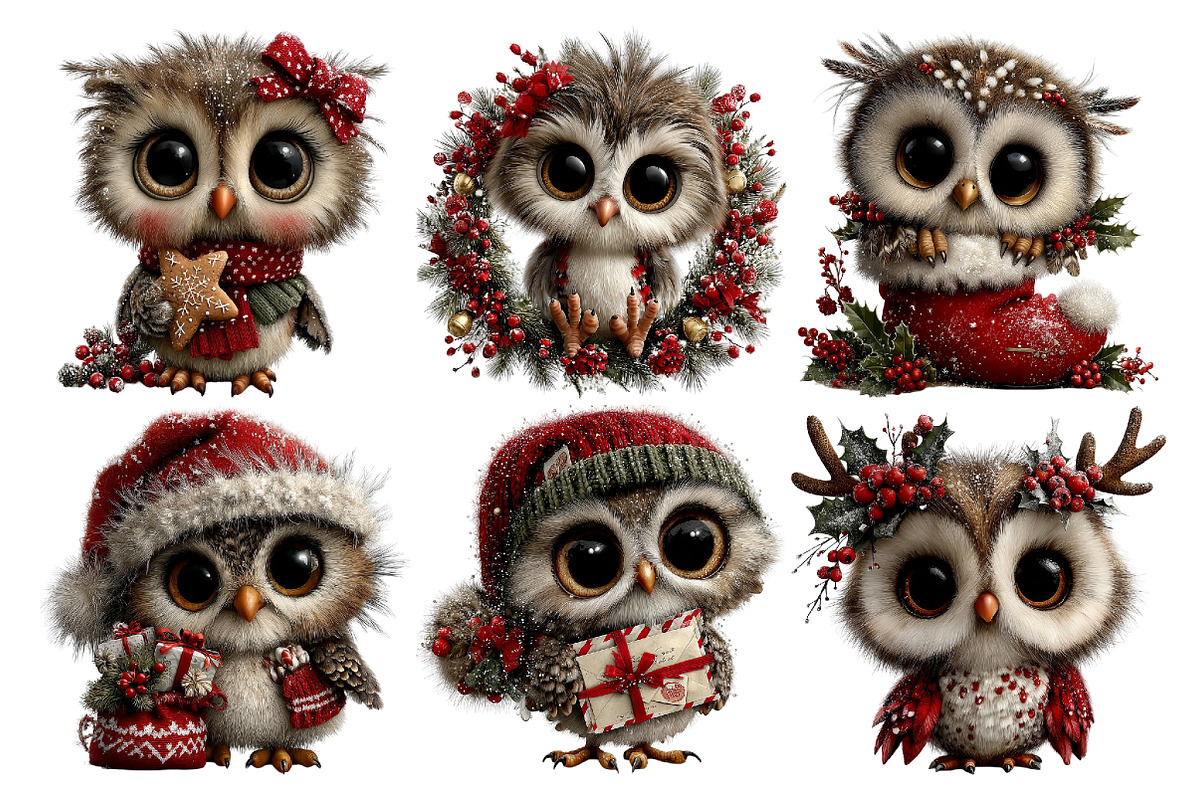 Whimsical Christmas Owl Clipart, an Animal Illustration by Creative Art (Photo 3 of 6)