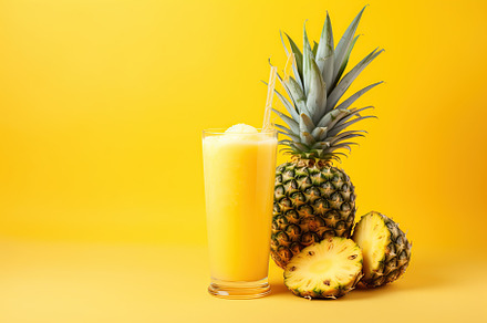Sliced pineapples and glass of juice on yellow background, a Food & Drink Photo by AlyaAnd