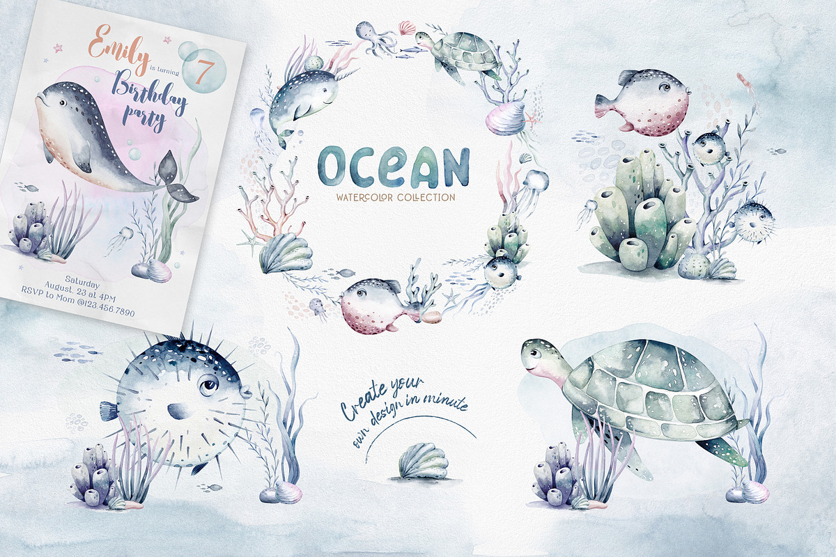 Ocean watercolor set, an Animal Illustration by Peace ART (Photo 6 of 12)