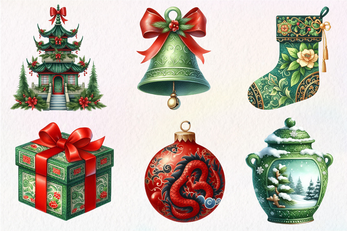 Chinoiserie Red & Green Christmas, an Illustration by Dream Creation (Photo 2 of 6)