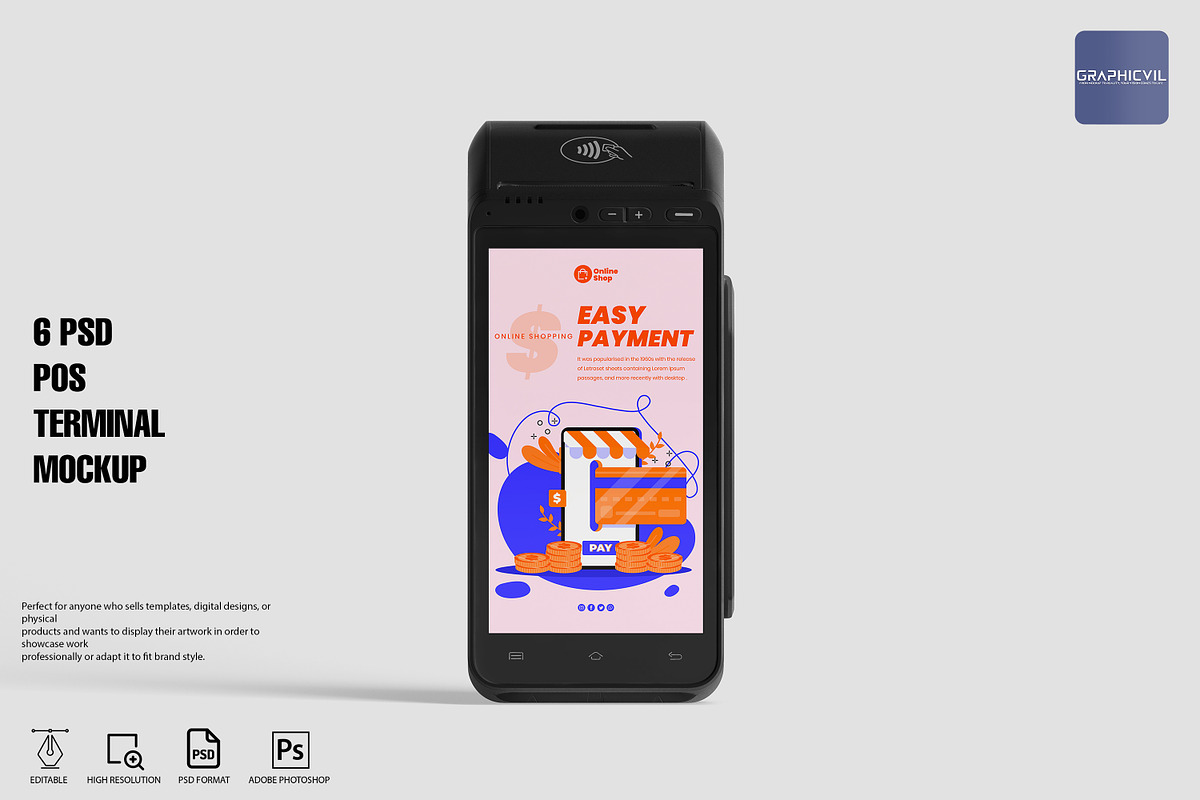 Pos terminal mockup 6 PSD, a Wearable Device Mockup by GraphicVil (Photo 1 of 9)