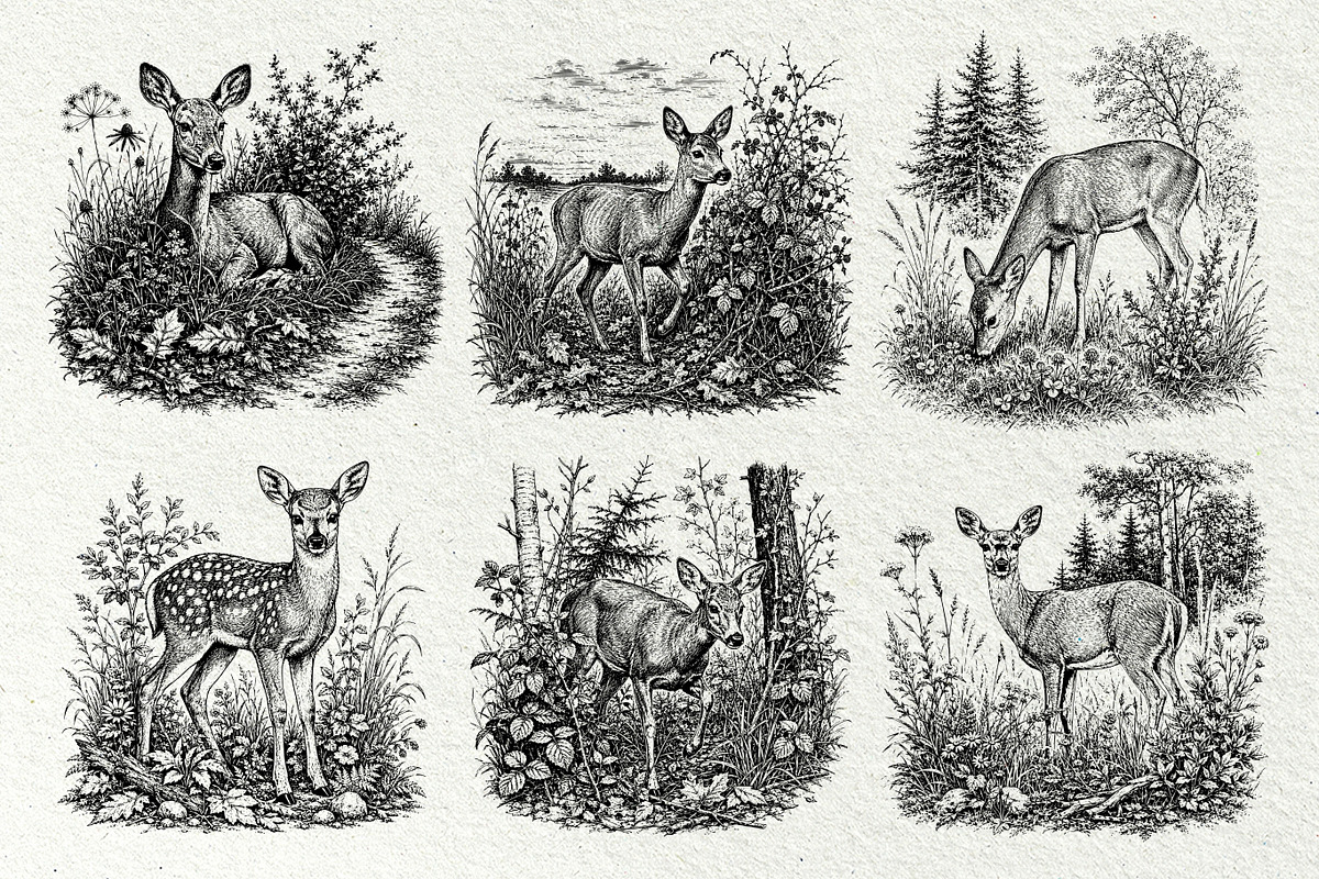 Woodland Deer Engraving Graphics, an Animal Illustration by DENIDigitalArtSudio (Photo 2 of 7)