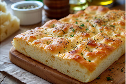 Freshly baked focaccia bread on, a Food & Drink Photo by Ylivdesign