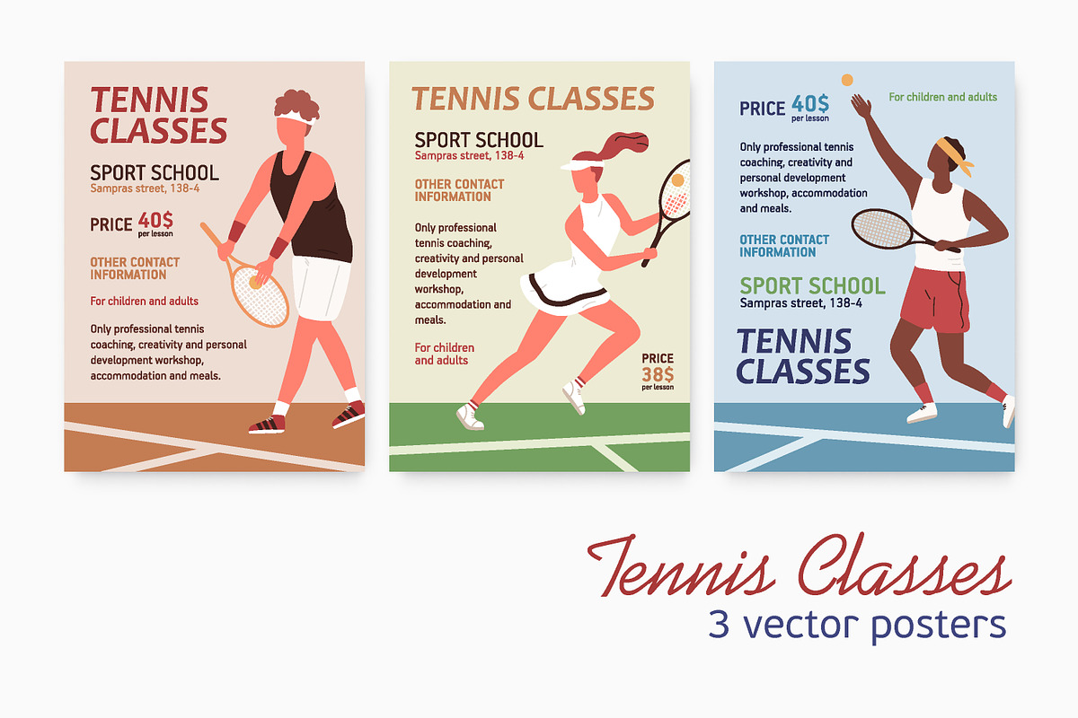 Tennis classes poster set, an Education Illustration by Good Studio