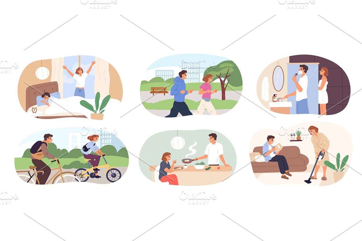 Happy couple daily routine. Man and, a Person Illustration by Vectorbuum