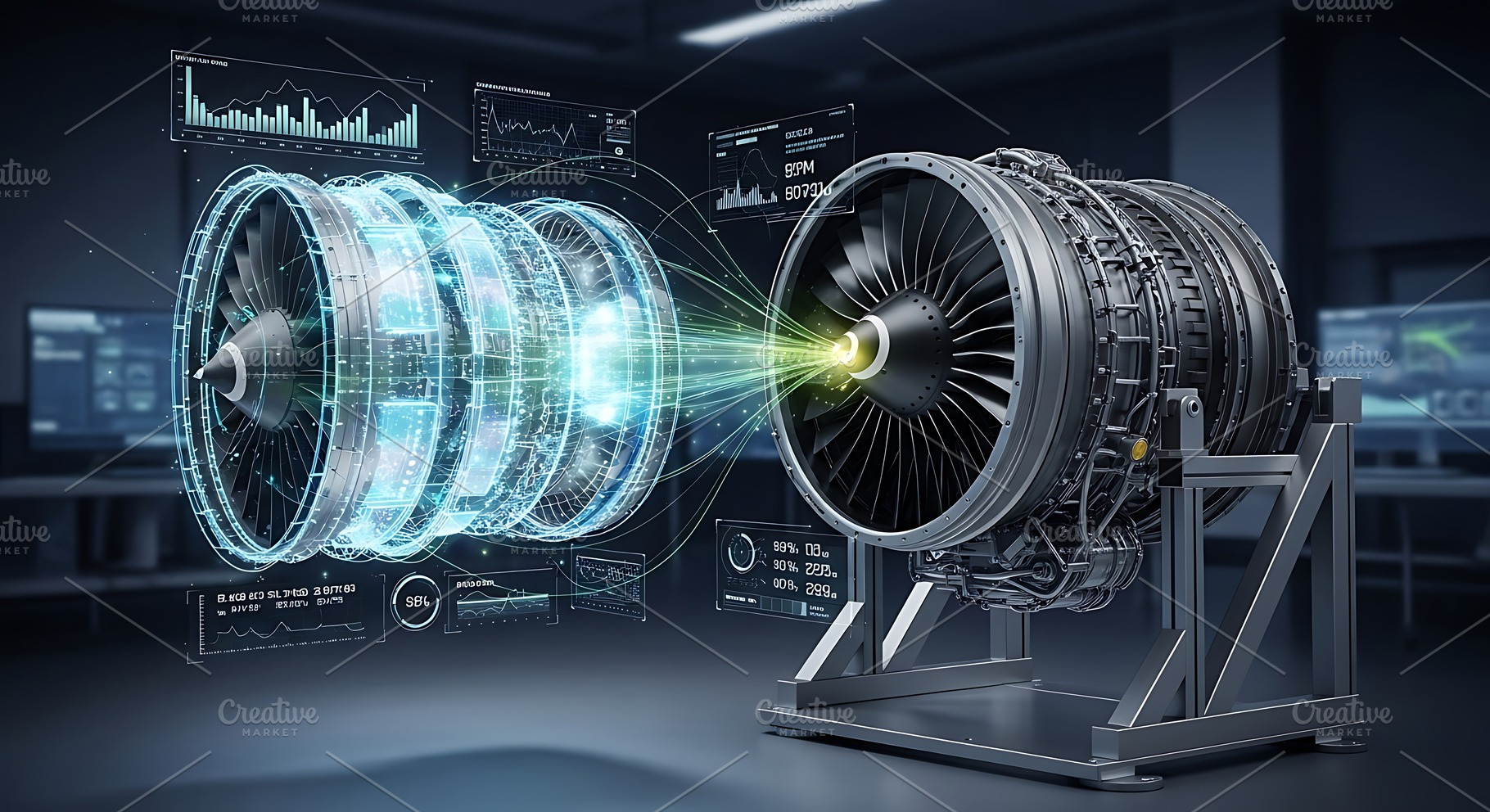 Futuristic jet engine with holograph, a Technology Photo by Artonix
