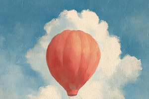 Red hot air balloon flying over a charming cottage house on a hi, an Illustration by Studio ANNA