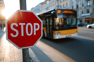 A stop sign in focus as a public bus passes by, capturing the hustle and bustle, a Person Photo by ImageMir