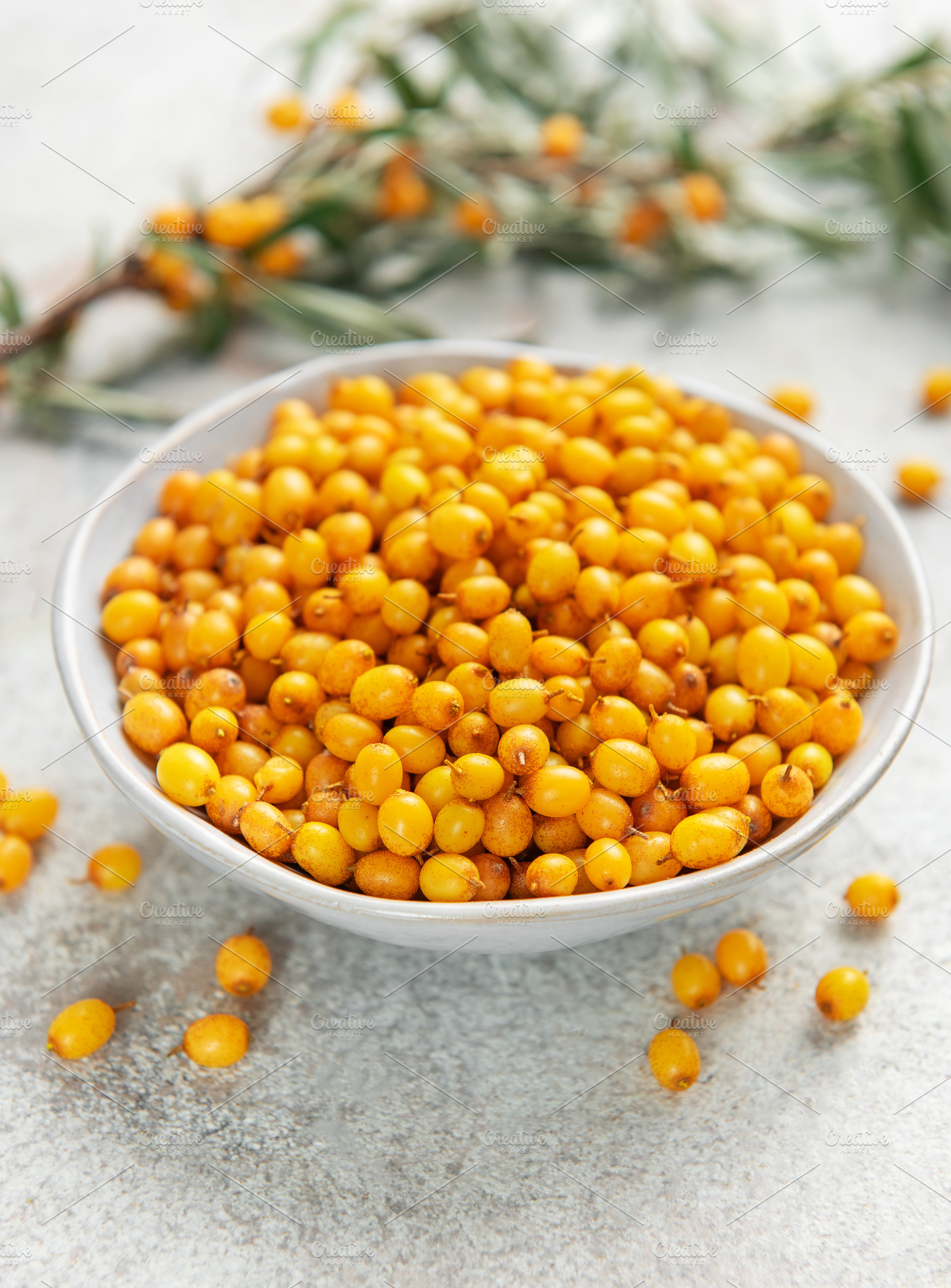 Sea buckthorn berries in bowl with branches, a Food & Drink Photo by Olena Rudo