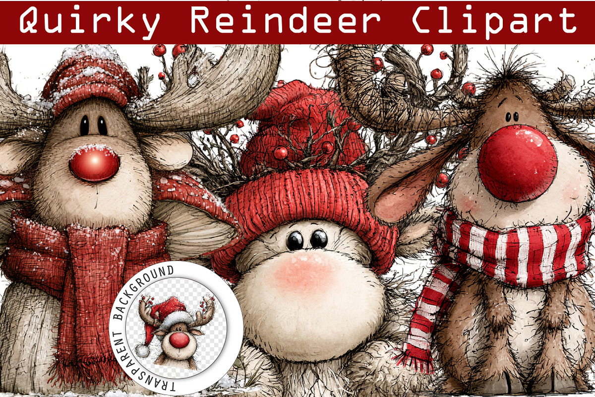 Quirky Christmas Reindeer Clipart, a Work Illustration by SinaCreation (Photo 1 of 6)