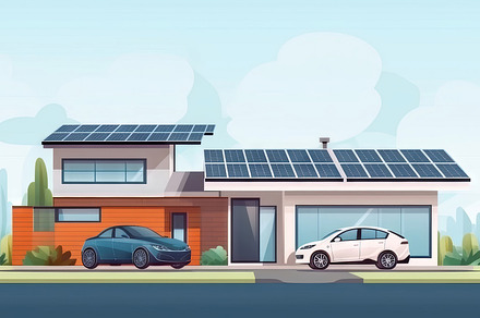 Modern Home with Solar Panels and Electric Cars Displaying Sustainable Living, a Photo by AS photostudio