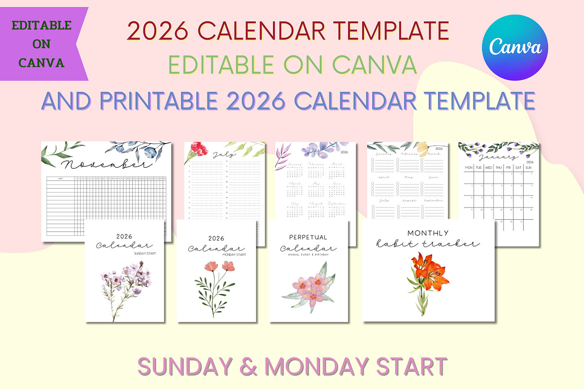 2026 Calendar Template - Canva, a Templates & Theme by Adalin Shop (Photo 1 of 12)