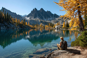 Hiker by lake in autumn, a Photo by Beautiful things
