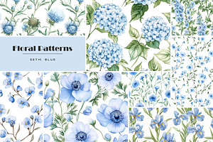 Watercolor blue flowers pattern set, a Pattern Graphic by Art and Funny