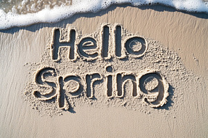 Inscription Hello Spring on beach sand, a Nature Photo by AlyaAnd