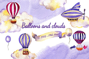 Balloons and clouds watercolor set
