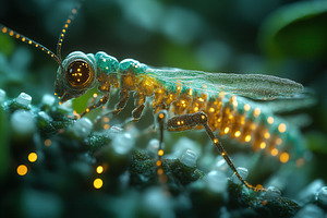 Close-up view of a glowing insect wi, a Photo by Tanuart