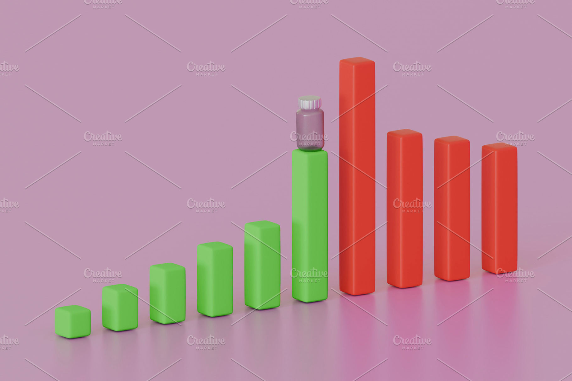 3D Green & Red Bar Chart with Bottle on Top – Abstract Concept, a Business Photo by RF Images