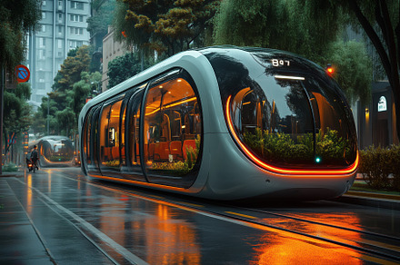 Futuristic tram on a rainy city street, featuring sleek design with glowing ora, a Transportation Photo by Textures & Backgrounds