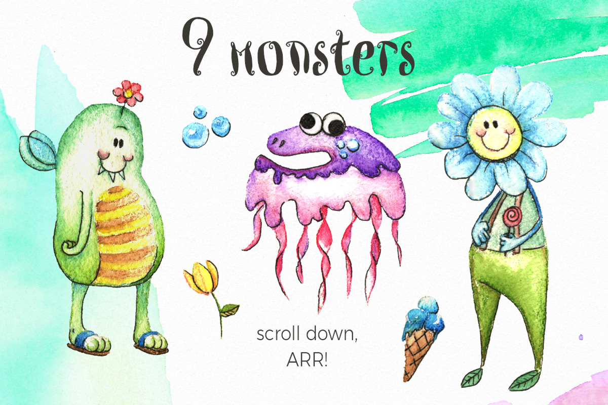 Watercolor Funny Monsters Set, an Illustration by WBS Design (Photo 2 of 6)