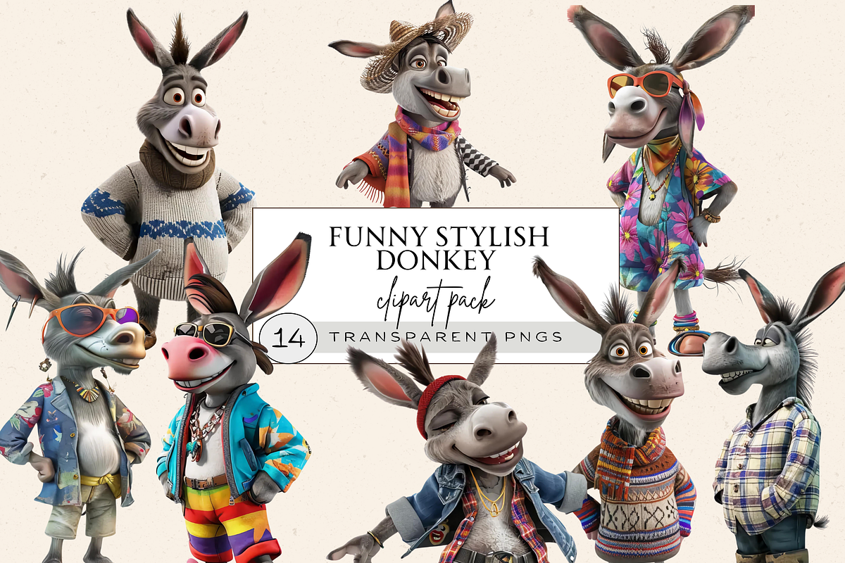 FUNNY STYLISH DONKEY CLIPART PACK, an Animal Illustration by Daring Digies (Photo 1 of 6)