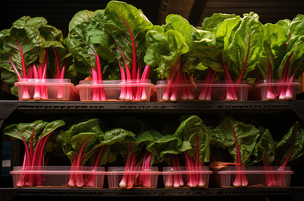 Fresh rhubarb with vibrant green leaves and bright pink stems, arranged in plas, a Food & Drink Photo by Textures & Backgrounds