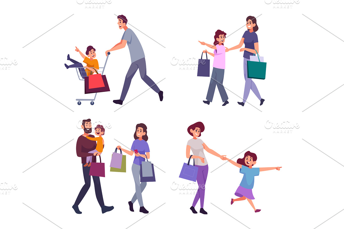 Family shopping. Kids with parents, a Person Illustration by Onyx