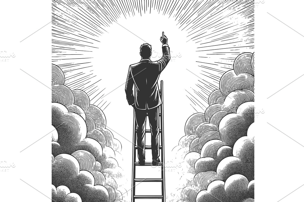 Businessman climbing ladder into the, a Person Illustration by AlexArt