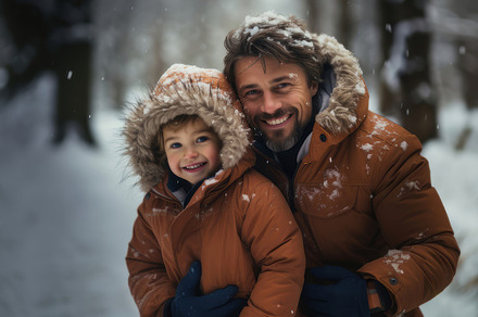 Father and Son Enjoying Winter Fun Outside in the Snowy Forest, a Photo by AS photostudio