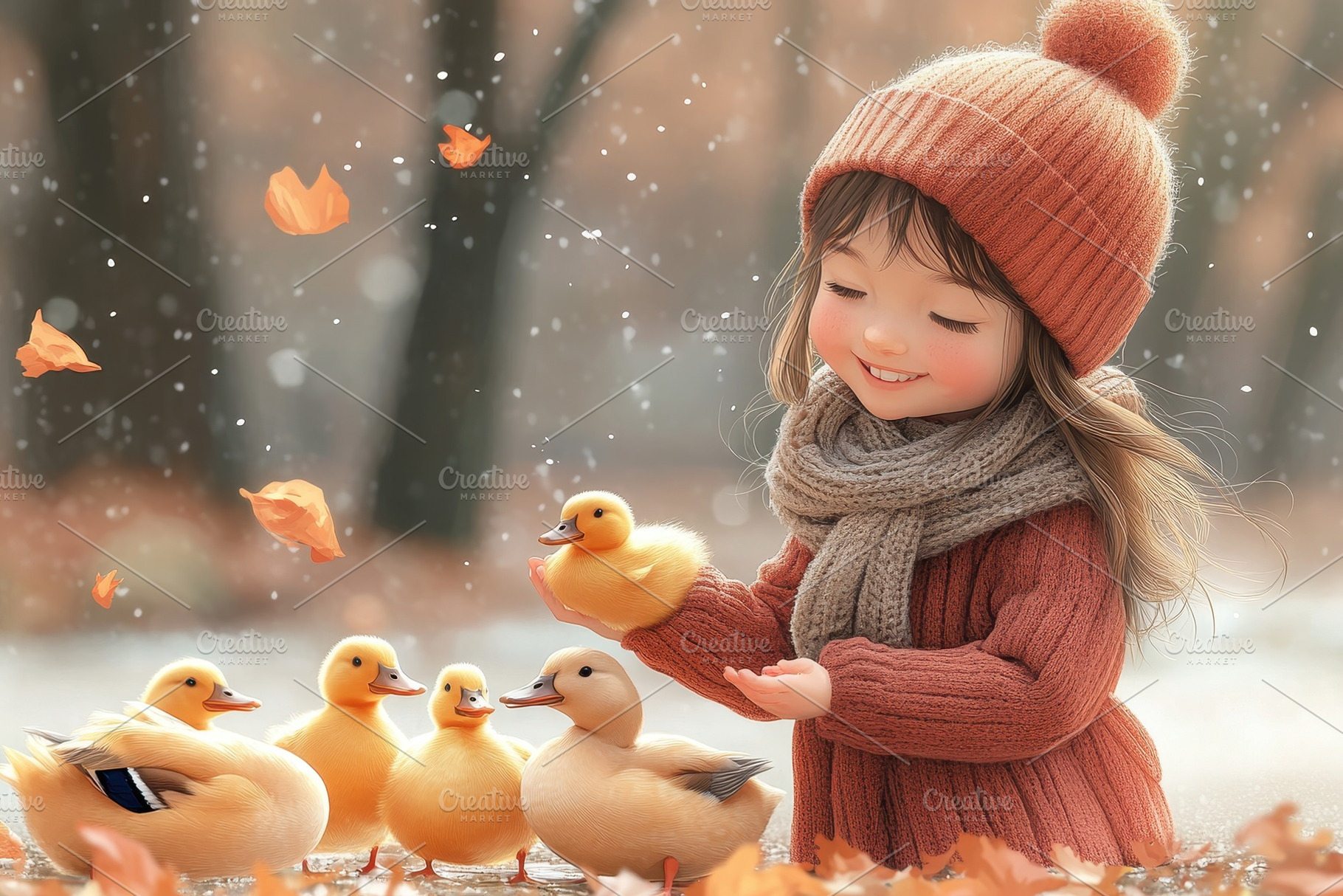 Girl in autumn attire smiles while f, a Photo by Tanuart