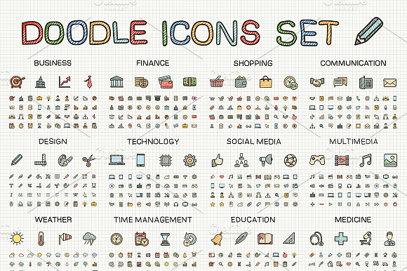Hand Draw Colored Sketch Icons Set