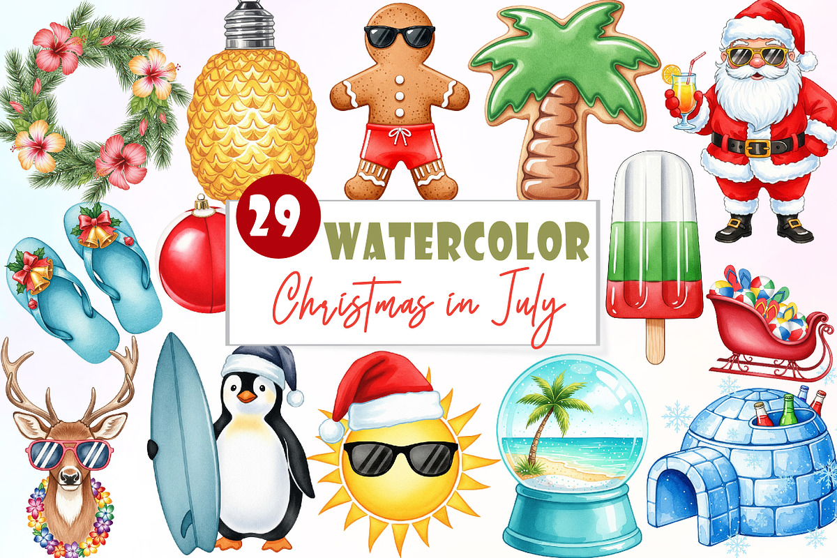 Hand-Drawn Christmas in July Clipart, an Illustration by Watercolor design (Photo 1 of 6)