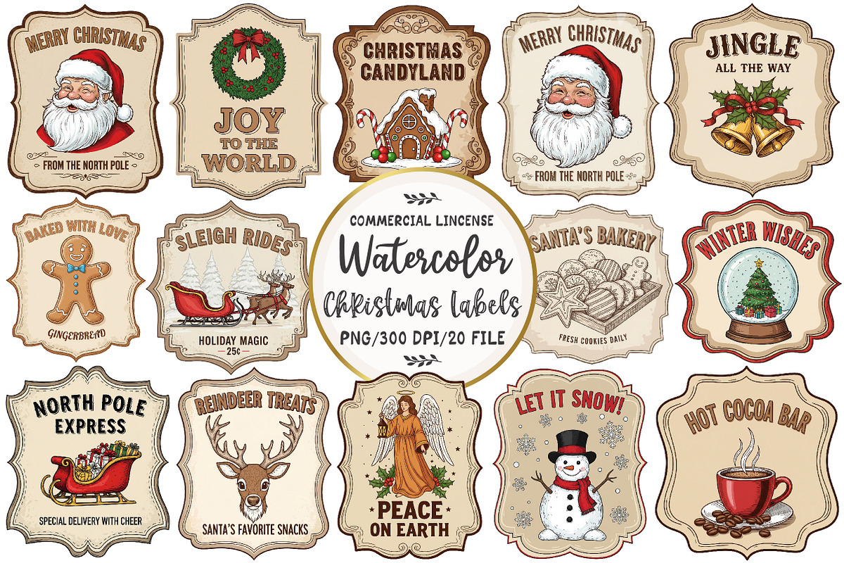 Vintage Christmas Labels Sublimation, an Illustration by OK Design (Photo 1 of 5)