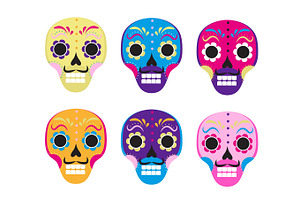 Sugar Skull Set Icon, Flat, Cartoon Style. Cute Dead Head, Skeleton For The Day Of The Dead In Mexico. Isolated On White Background. Vector Illustrati