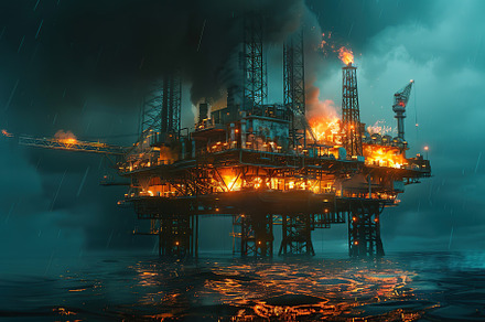 Disaster on offshore oil and gas platform, an Industrial Photo by AlyaAnd