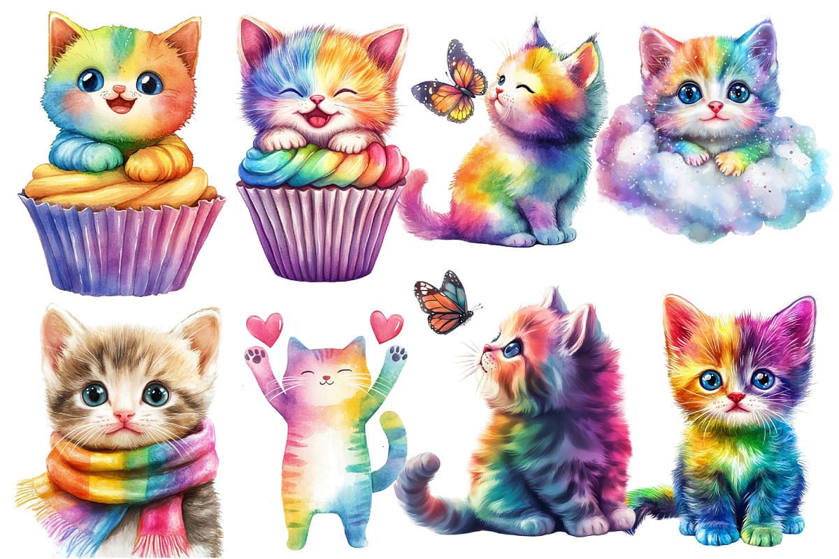 Adorable Rainbow Cute Cat Clipart, an Illustration by Designworld (Photo 3 of 6)