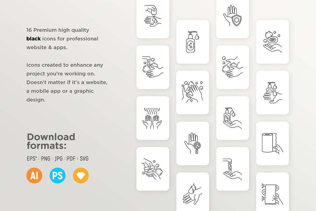 Hand Washing 32 Icons Set Hand Drawn, an Outline Icon by Marina Silence (Photo 12 of 17)