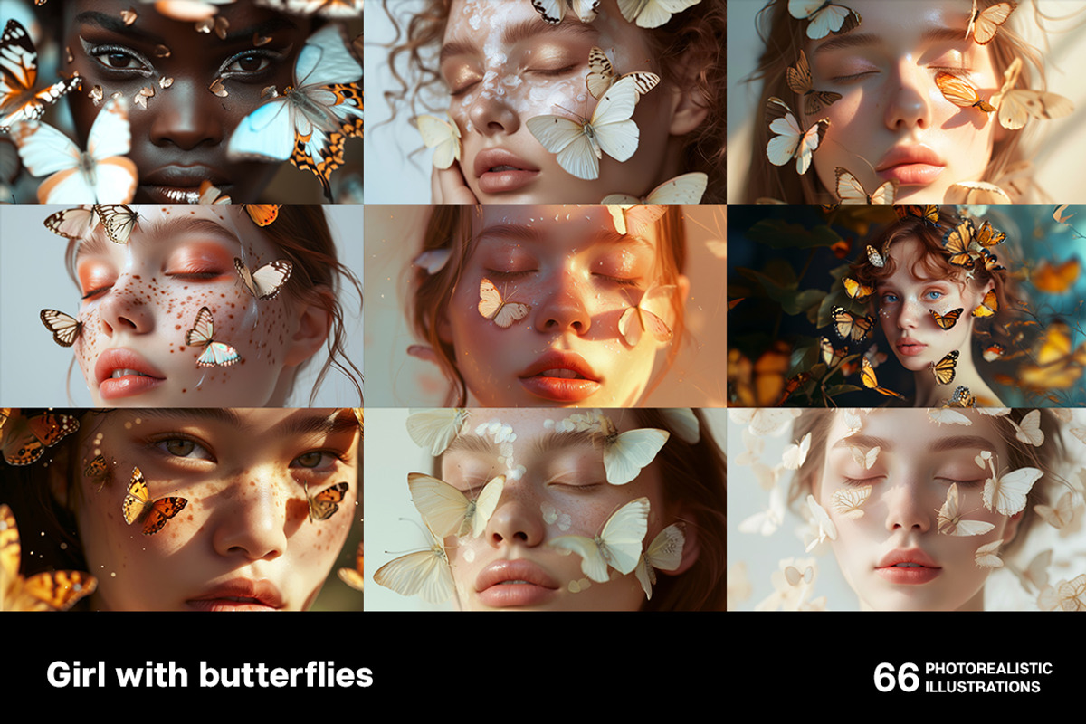 Girl with butterflies. 66 images, a Person Illustration by Handmadefont (Photo 7 of 14)