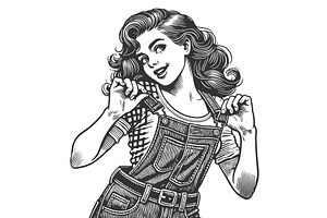 Retro woman in overalls striking, a Person Illustration by AlexArt