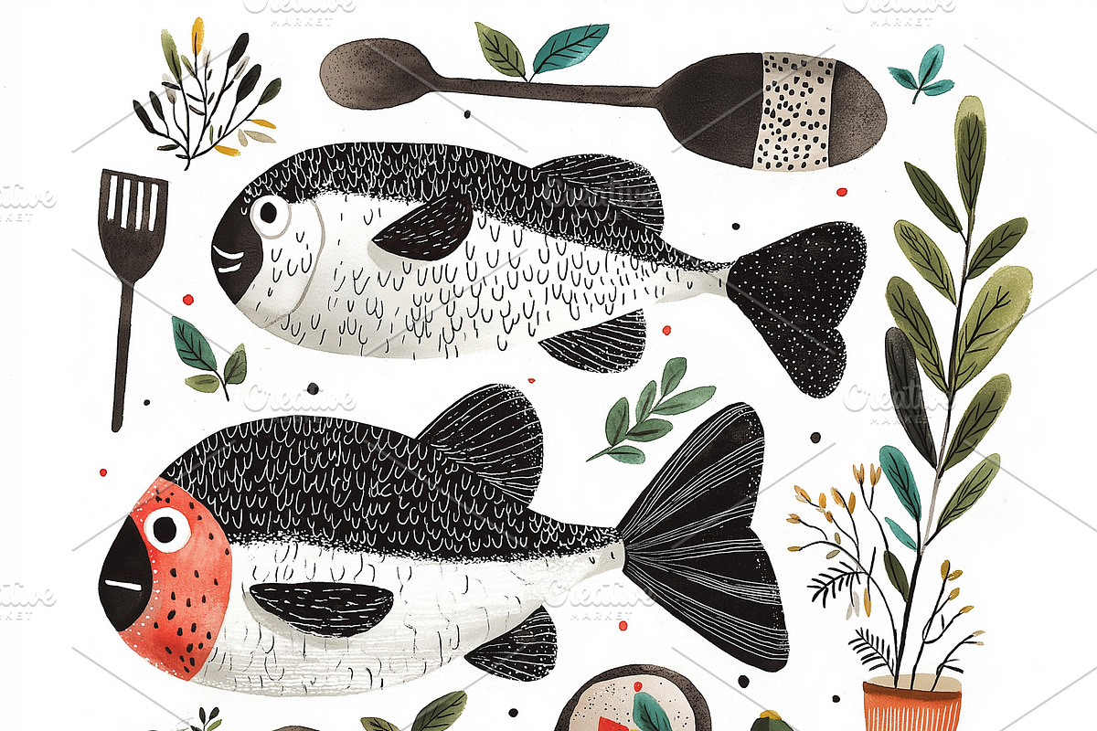 Two fresh fish on a kitchen counter, an Animal Illustration by Sybillla