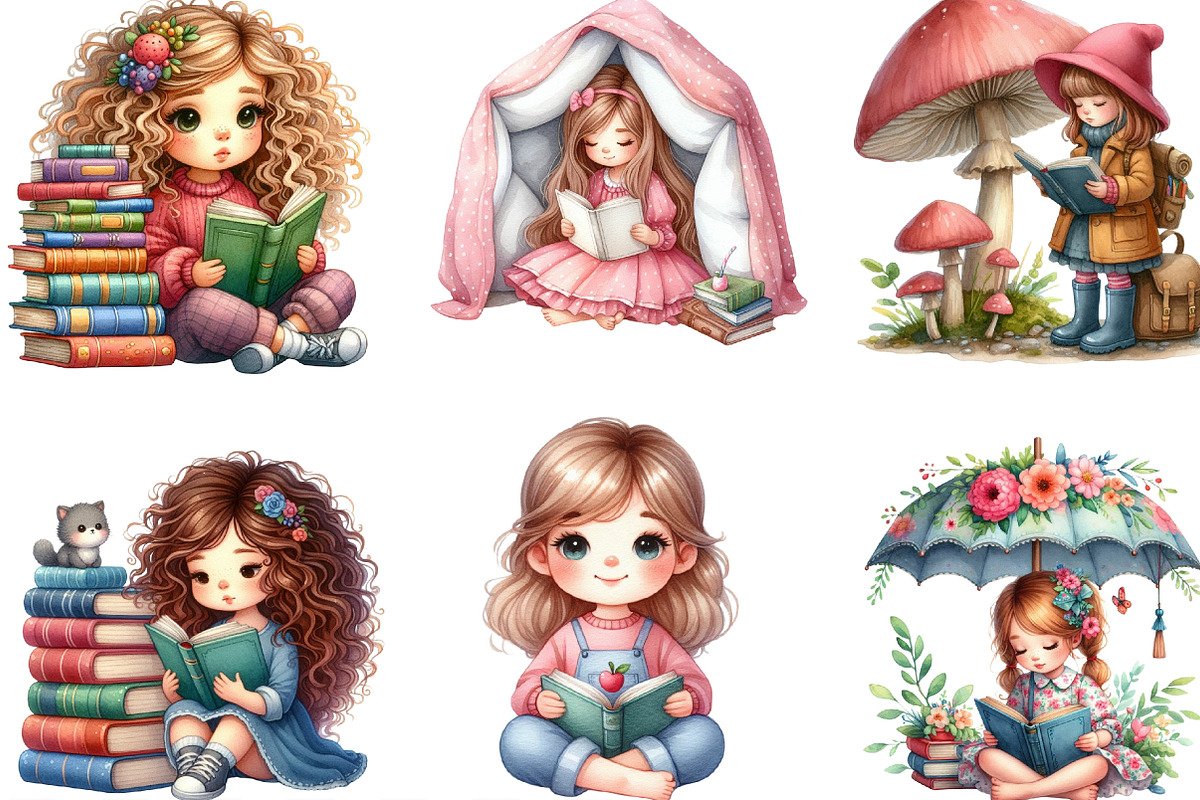 Cute Little Girl Reading Clipart, an Illustration by Designking (Photo 3 of 4)