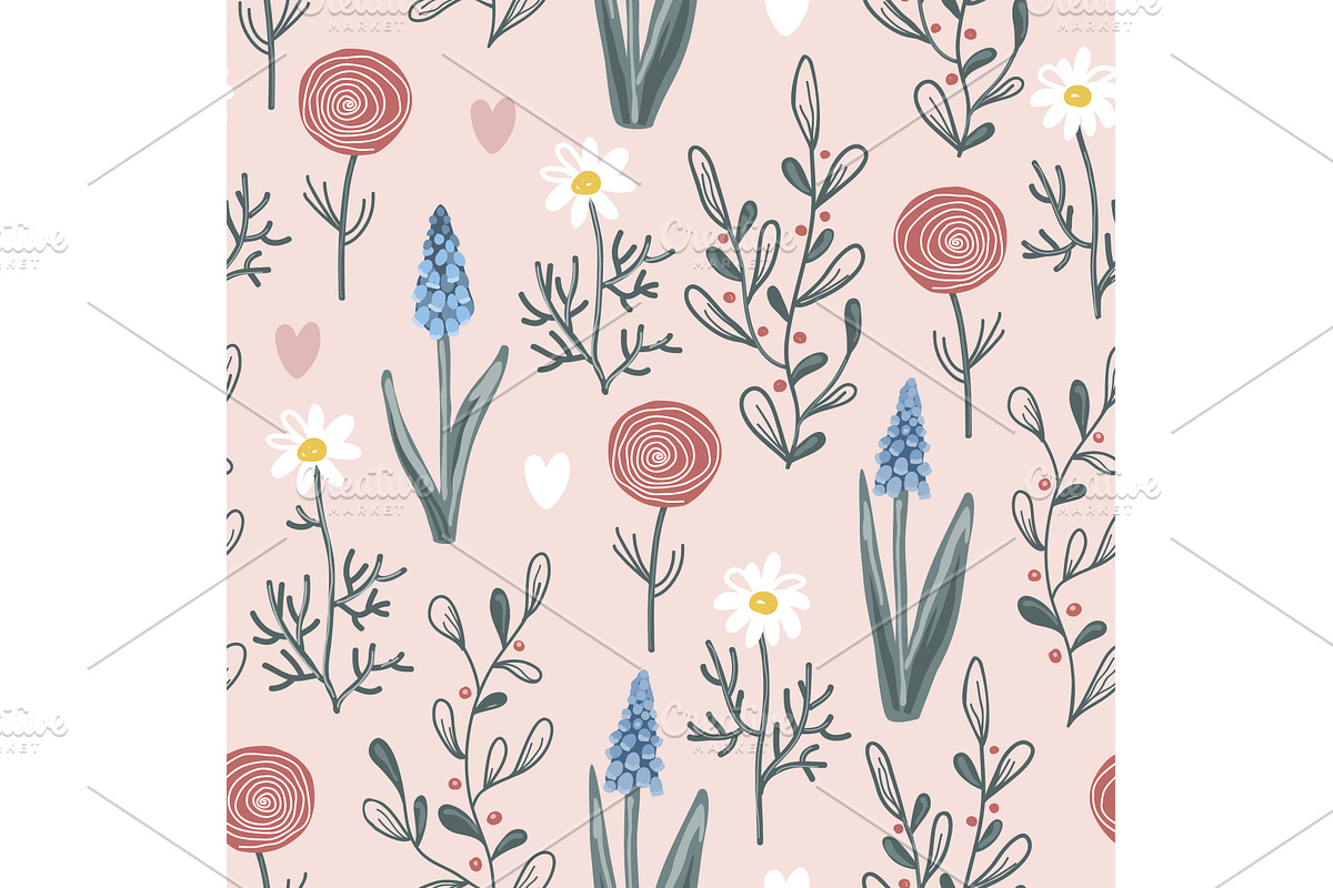 Doodle spring flowers seamless, an Object Illustration by Toltemara