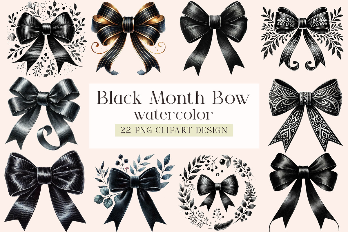 Watercolor Black Month Bow Clipart, a Seasonal Illustration by DreamArtGraphic (Photo 1 of 5)