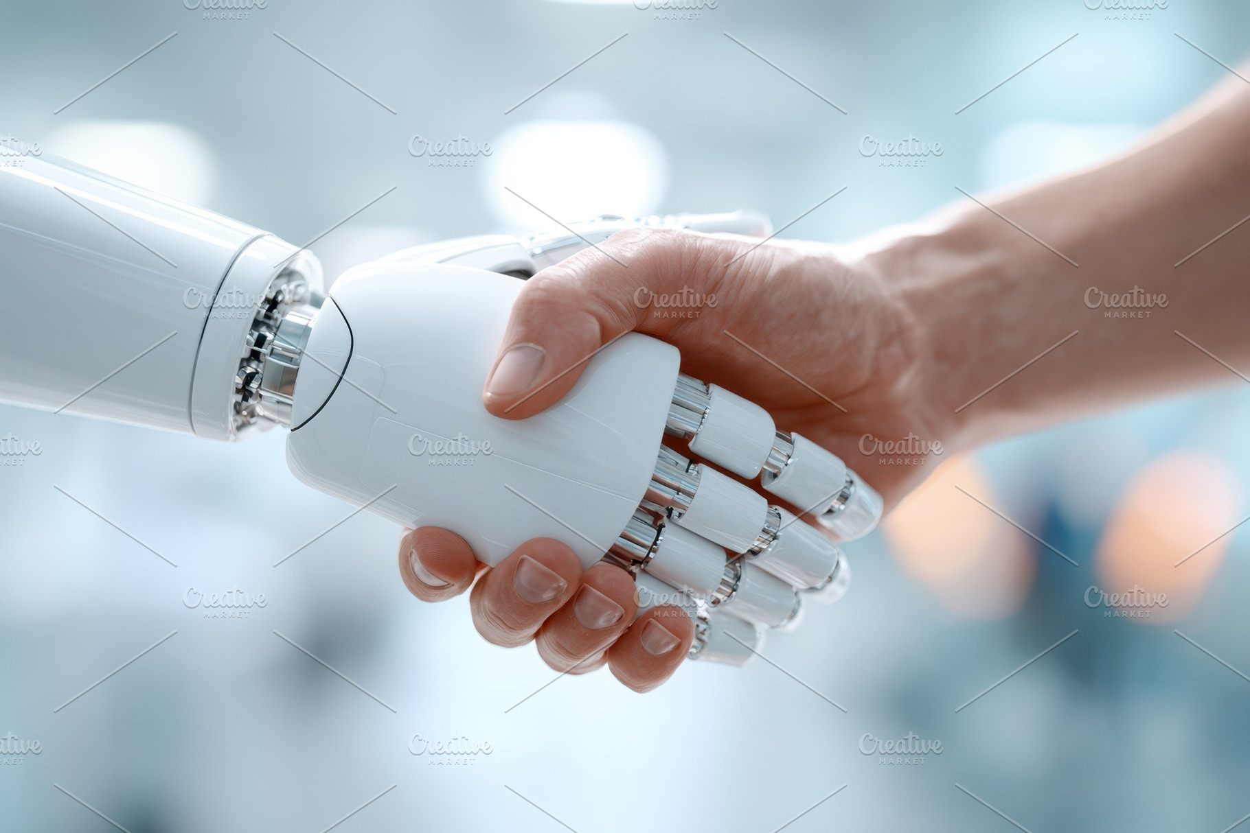 Human and robot handshake symbolizing collaboration, a Technology Photo by AlyaAnd
