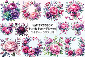 Pink & Purple Peony Flowers Clipart, an Illustration by CraftArtStudio
