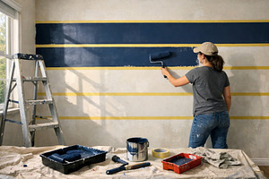 Woman painting broad blue stripe on, a Photo by Dvoevnore photos