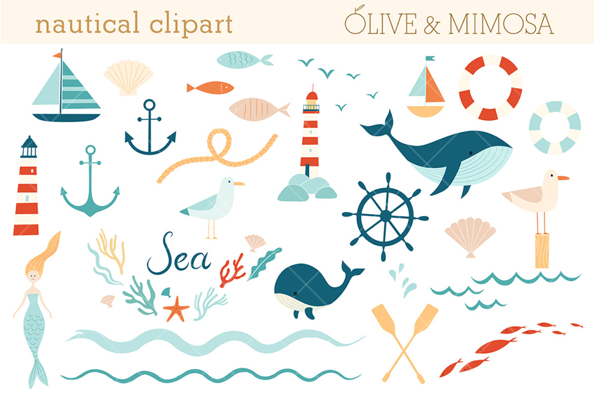 Nautical Sea vector clip art set, an Illustration by Olive & Mimosa