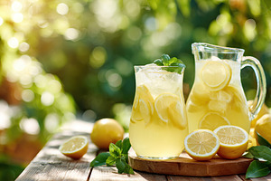 Fresh lemonade served in glass pitchers on wooden table outdoors with vibrant g, a Food & Drink Photo by AlyaAnd