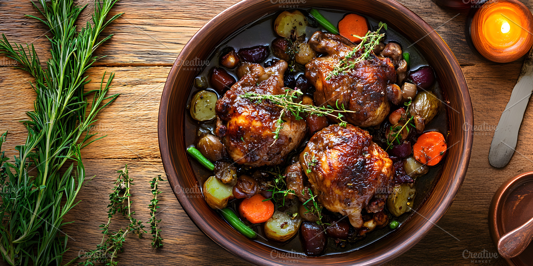 Braised chicken with vegetables in rustic bowl, a Food & Drink Photo by Photostock